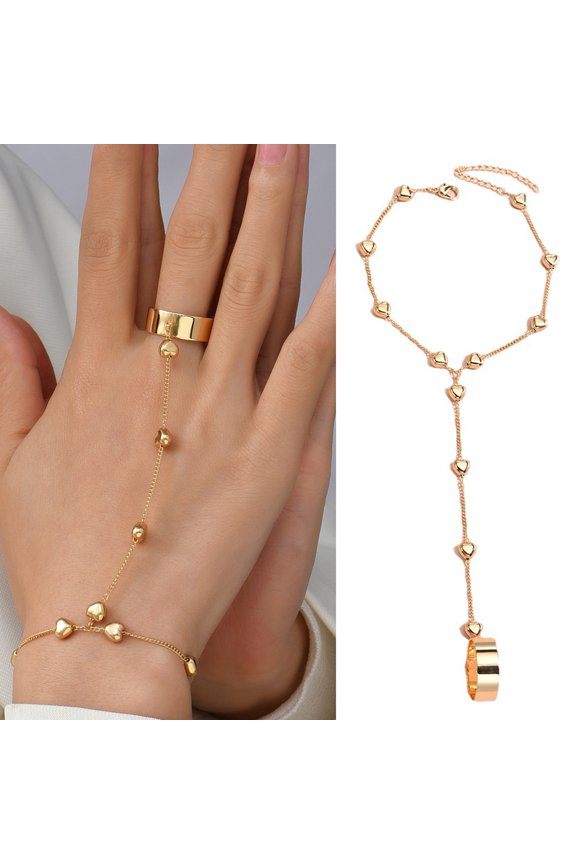 Chic Lady Hand Chain Ring Set Stainless Dating Accessory Polished