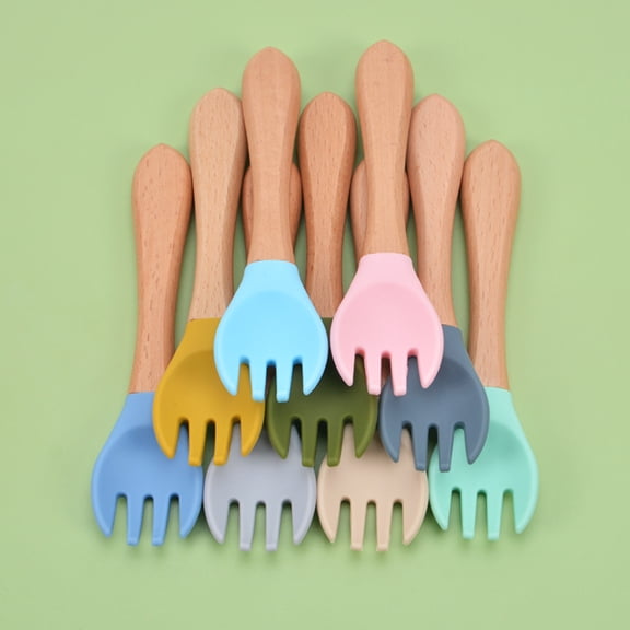 Limei Children Fork Non-scratching 2Pcs/Set Wooden Handle Silicone Kid Tableware Widely Applied Premium for Home