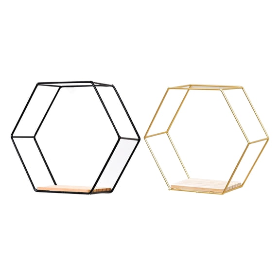 Limei Geometric Hexagon Shaped Floating Shelves 11.02" x 4.13" x 9.84", Home Decor, Metal Wire and Rustic Wood Wall Storage Shelves for Bedroom, Living Room, Bathroom, Kitchen and Office, Golden