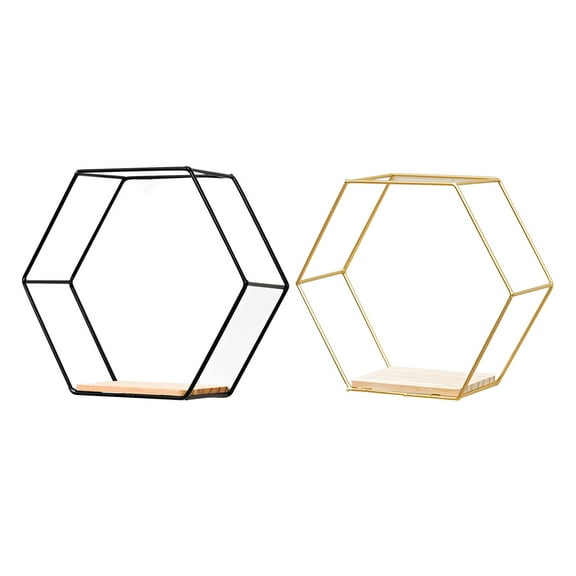 Limei Geometric Hexagon Shaped Floating Shelves 9.45" x 3.74" x 8.07", Home Decor, Metal Wire and Rustic Wood Wall Storage Shelves for Bedroom, Living Room, Bathroom, Kitchen and Office, Golden