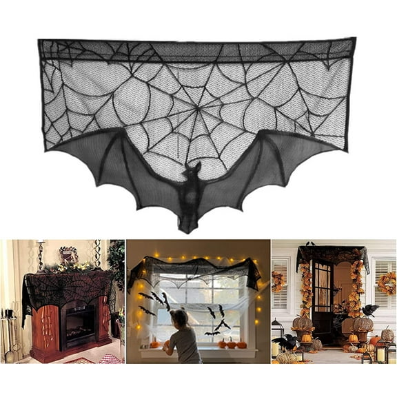 Limei Halloween Fireplace Mantle Scarf, Black Lace Spiderweb Mantle Scarf, Spider Web Mantle Scarf, Cobweb Mantel Scarf, Tablecloth/Table Runner Cover for Festive Party Decor Supplies (Black)
