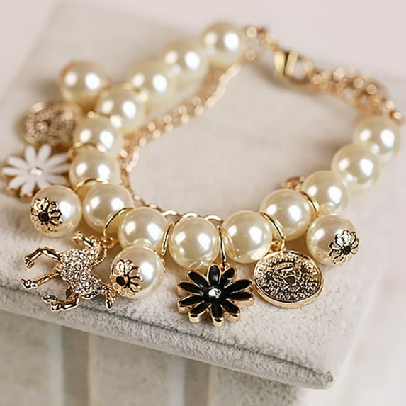 Limei Horse Flower Charm Women Bracelet Faux Pearl Party Bangle Gift Fashion Jewelry