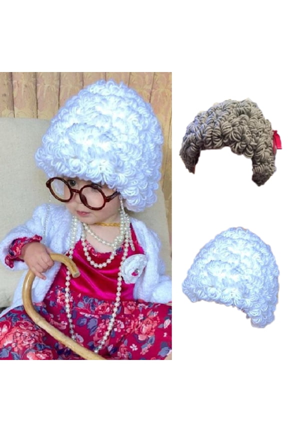 Kids Wig Hats Halloween Costume Cosplay Winter Kinnted Curly Hair Hat for Boy Girl (White）