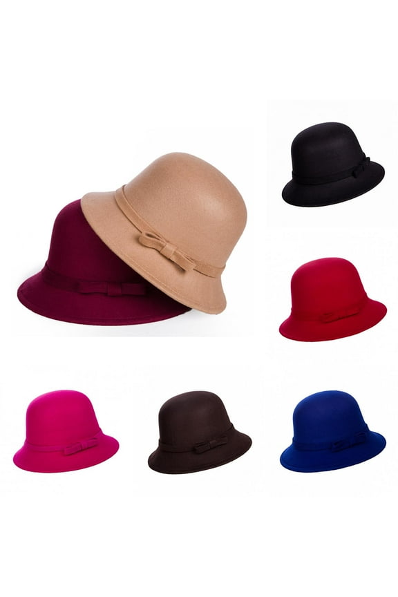 Ladies Wool Felt Bucket Hat Women Vintage Cloche Fedora Winter Church Bowler Hat with Bow