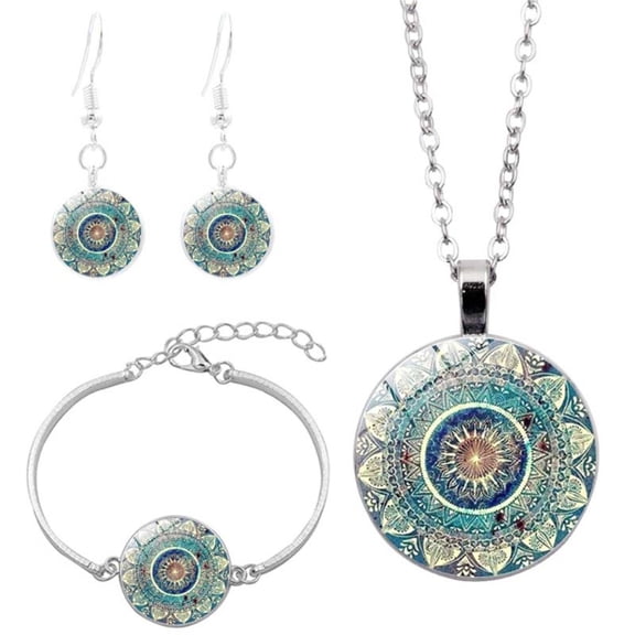 Limei Mandala Necklace Jewelry Set for Women, Mandala Round Gemstone Pendant Necklace + Bracelet + Stud Earring Costume Hippy Women's Jewelry Sets anchor necklace earrings and bracelet set