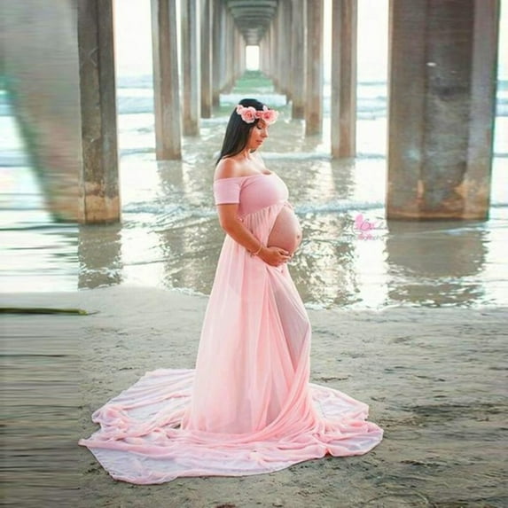 Limei Maternity Chiffon Mermaid Gown Off Shoulder Dropped Sleeve Fitted Photo Shoot Photography Dress, Pink, S