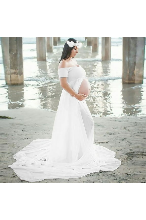 Maternity Chiffon Mermaid Gown Off Shoulder Dropped Sleeve Fitted Photo Shoot Photography Dress, White, M
