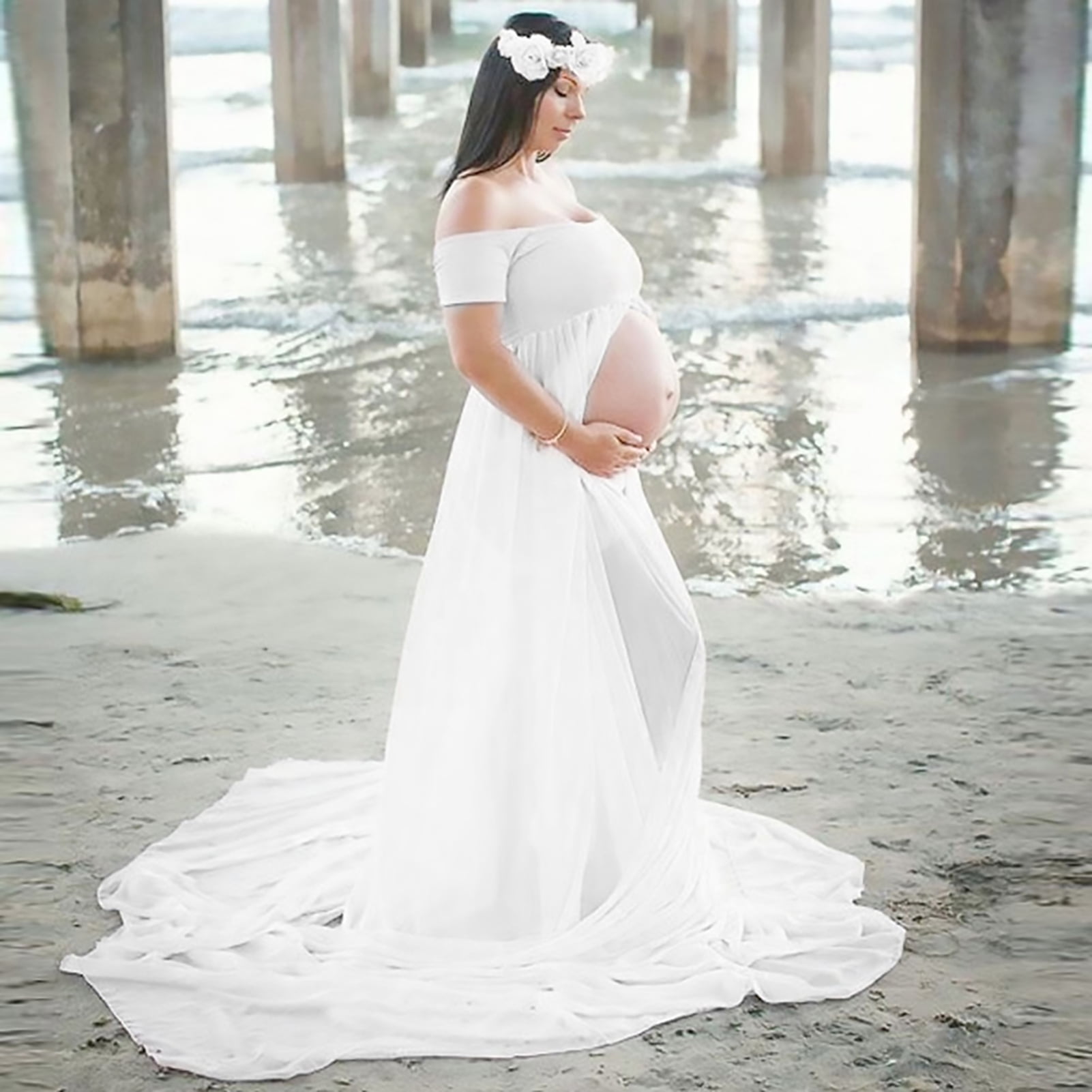 maternity mermaid wedding dress Mermaid Lace Scoop Long Sleeve Pleated Maternity Summer Wedding Dress  Destination