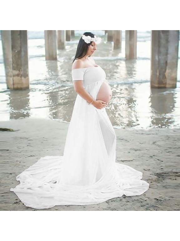 Maternity Chiffon Mermaid Gown Off Shoulder Dropped Sleeve Fitted Photo Shoot Photography Dress, White, XXL