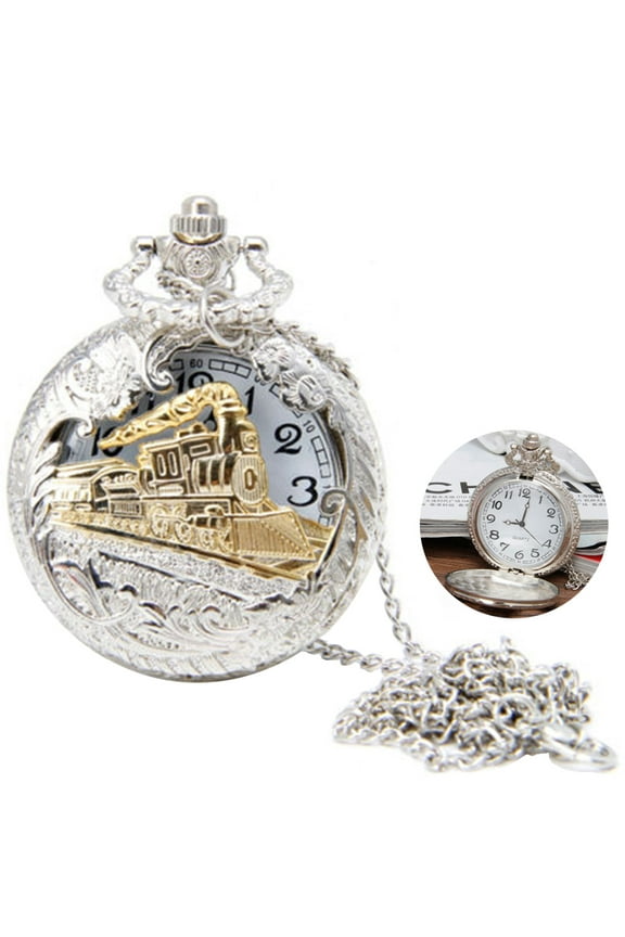 Pocket Watch Steam Train Quartz Fob Watch for Men Women with Chain