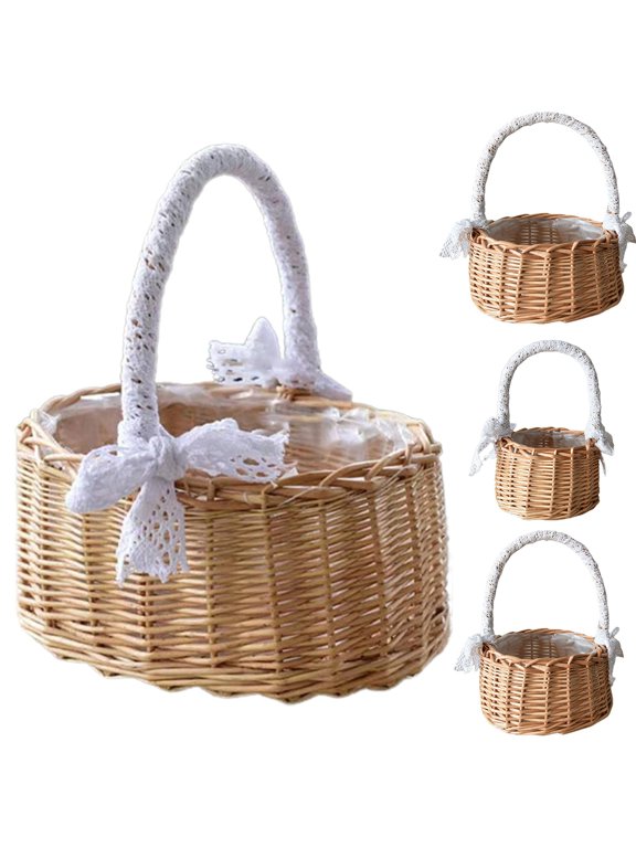 Rattan Flower Basket, Willow Handwoven Basket with Handle and Plastic Insert, Easter Eggs Candy Basket Wedding Flower Girl Baskets for Home Garden Decor