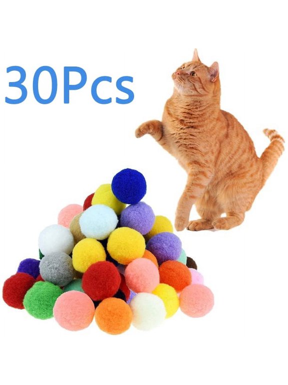 Soft Pom Pom Balls for Cats, Lightweight, Interactive, Assorted Colors, Plush Toy Balls for Kitten Training and Play, Pompon Pet Products for Cats (30 Pack)