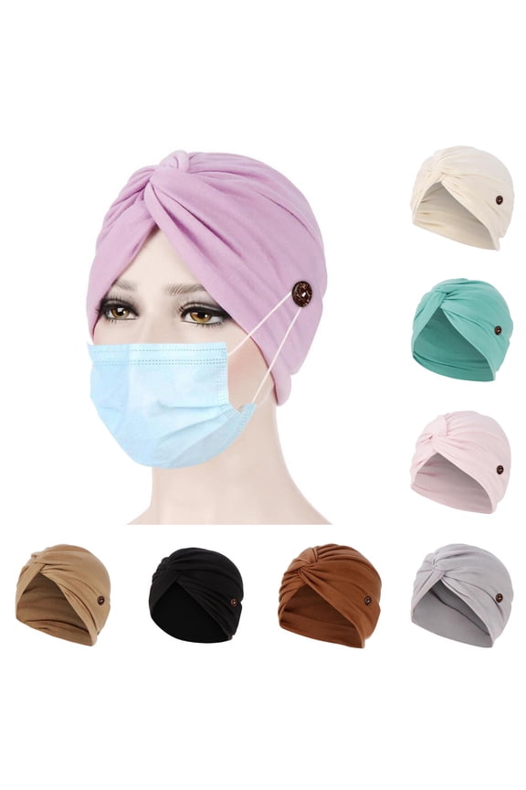Stretchy Turban Cap Head Cover Chemo Head Wraps Bennie Twisted India's Hat with Button for Women Girl (Beige)