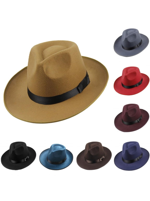 Wide Brim Fedora Felt Panama Hat with Belt Buckle (Black)