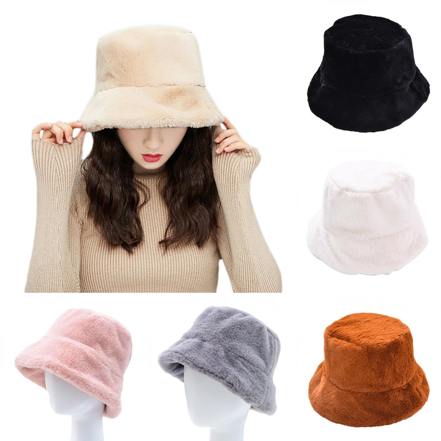 Limei Winter Plush Bucket Hat for Women Fuzzy Bucket Caps Casual Warm ...