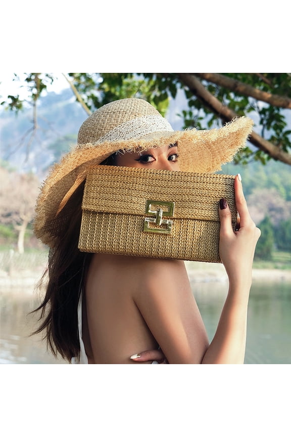 Women Clutch Bag Envelope Shape Bohemian Foldable Double-layer Straw Braided Solid Color Portable Summer Beach Vacation Handbag