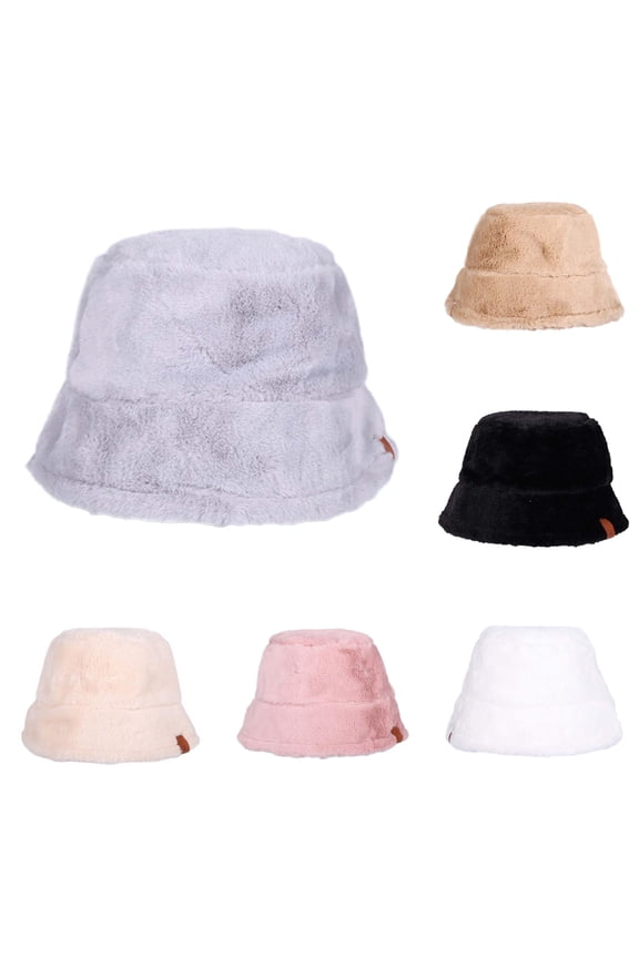 Women Faux Fur Fisherman Hat Winter Warm Bucket Hat Plush Big Brim Hat
