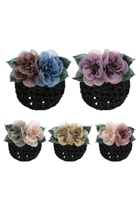 Women Hair Bun Cover Net Snood Hairnet Flowers Decor Satin Bow Barrette French Hair Clip Ribbon Flower Hair Accessories For Stewardess Banks Hotels Restaurant Staff