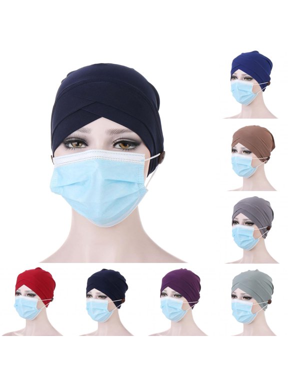 Women Turban Head Wrap Bonnet Beanie Hat Sleeping Cap Headwrap with Button (Sapphire Blue)