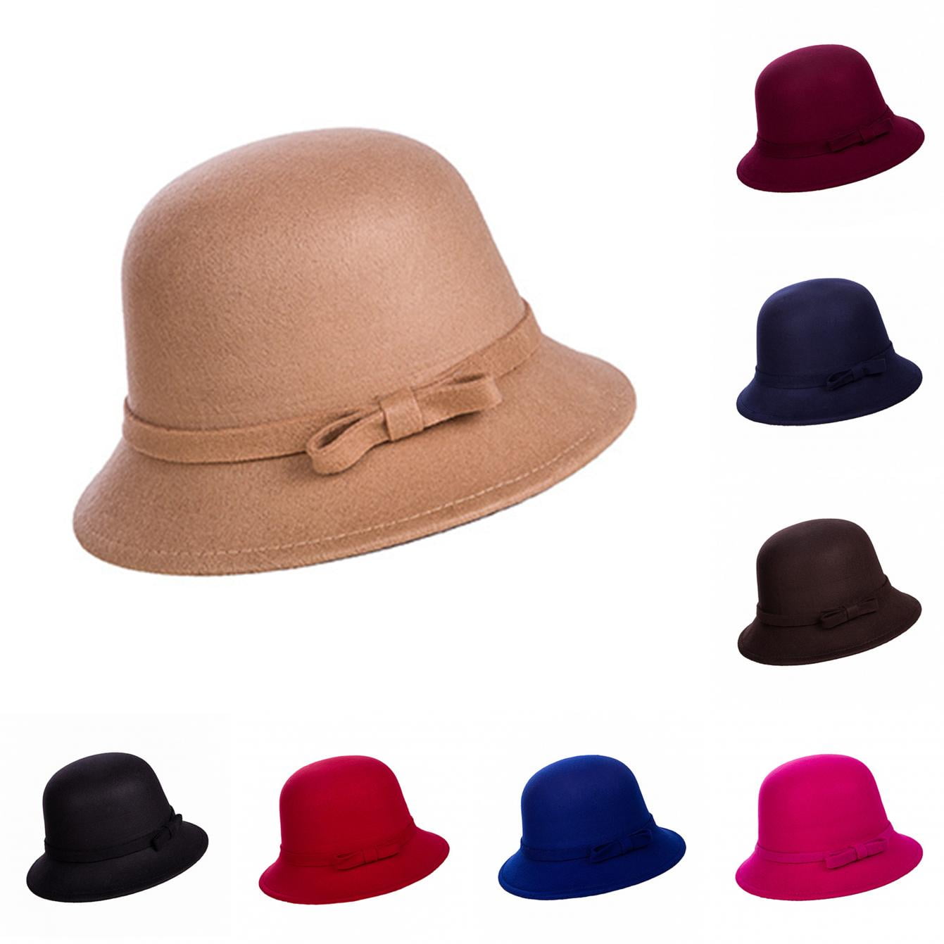 Red Rounded Hat Limei Women Wool Round Bowler Hats Wide Brim Cloche Fedora Floppy Hat ...