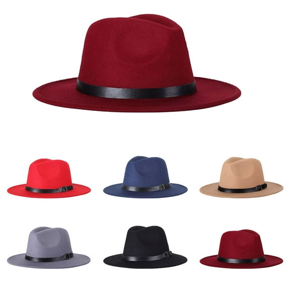 Limei Women's Classic Wide Brim Fedora Hat with Belt Buckle Felt Panama Hat for Men Women (Red)