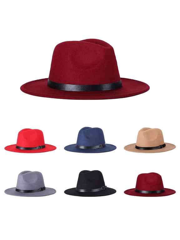 Women's Classic Wide Brim Fedora Hat with Belt Buckle Felt Panama Hat for Men Women (Red)