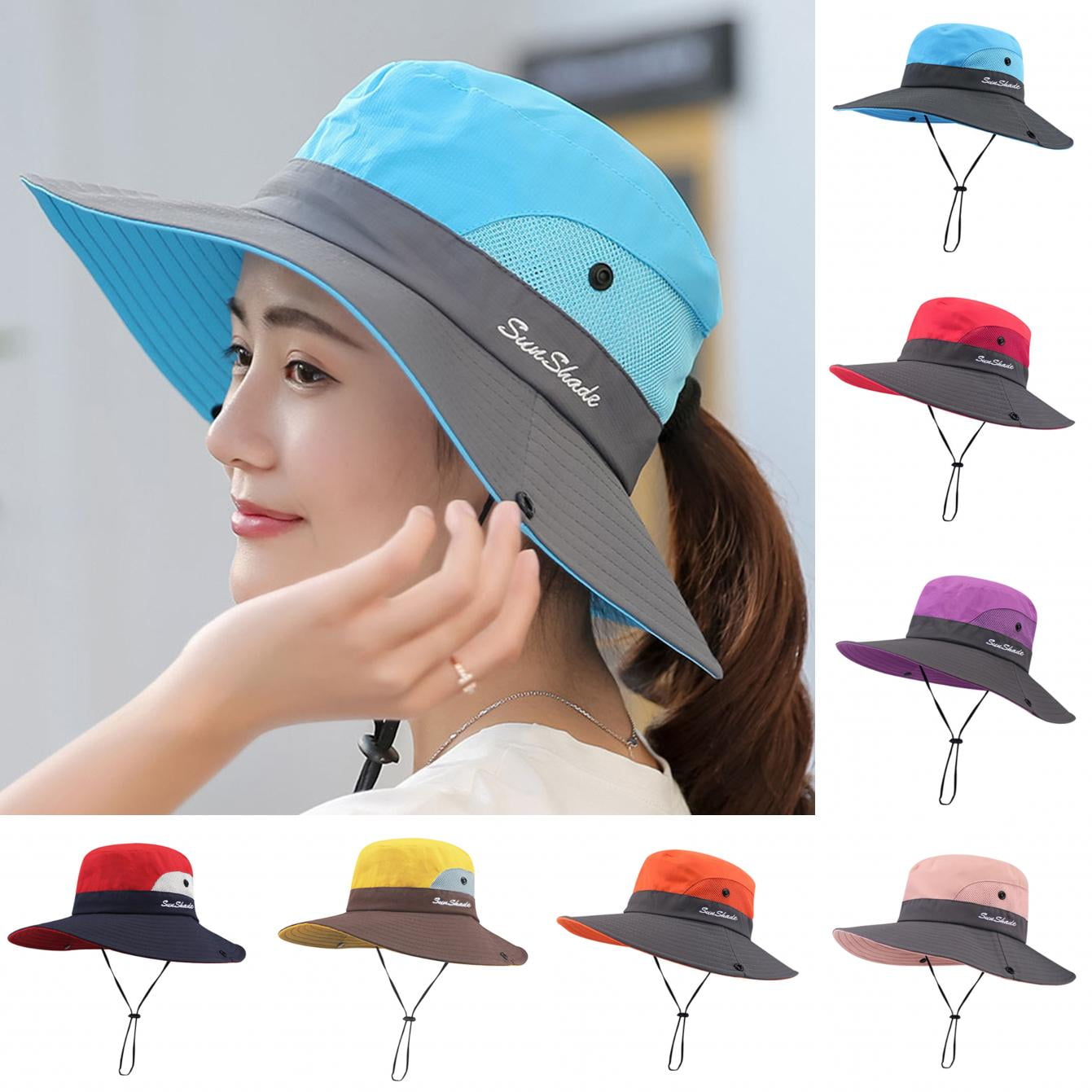 IYEBRAO 2 Pack Womens Ponytail Sun Hat UV Protection Bucket Hats Foldable Wide Brim Summer Boonie Beach Cap Fishing Hiking(Beige & Sky Blue