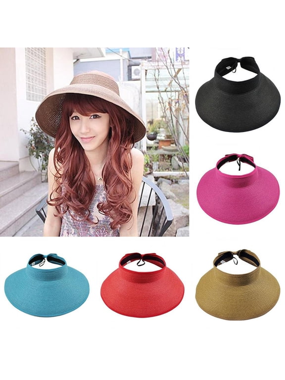 Women's Wide Brim Roll up Visor Packable Summer Sun Beach Hat - Paper Straw, Adjustable, UPF50+