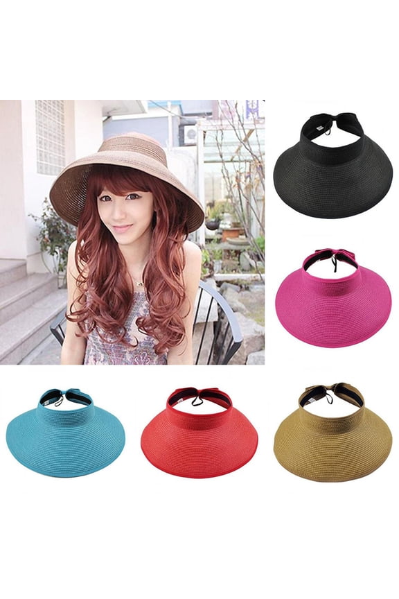 Women's Wide Brim Roll up Visor Packable Summer Sun Beach Hat - Paper Straw, Adjustable, UPF50+