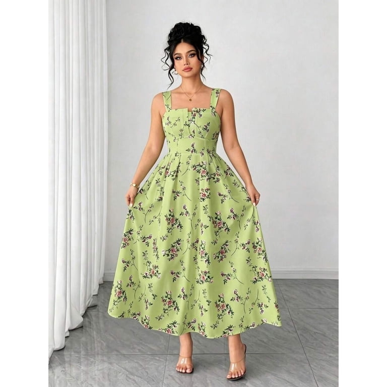 Limelight Green Floral Print Spaghetti Strap Fit & Flare Maxi Dress For Women