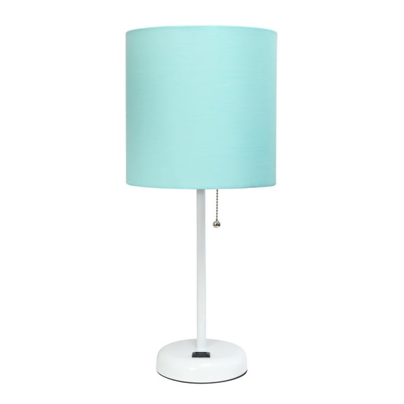 Limelights White Stick Lamp with Charging Outlet and Fabric Shade, Aqua