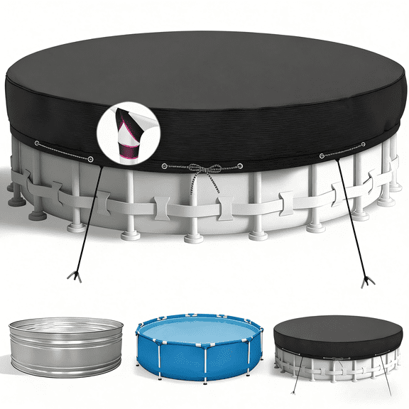 Limerenc 18-Foot Round Pool Cover, Waterproof Round Pool Covers for Above-Ground Pools with Ground Anchors and Windproof Ropes, Black
