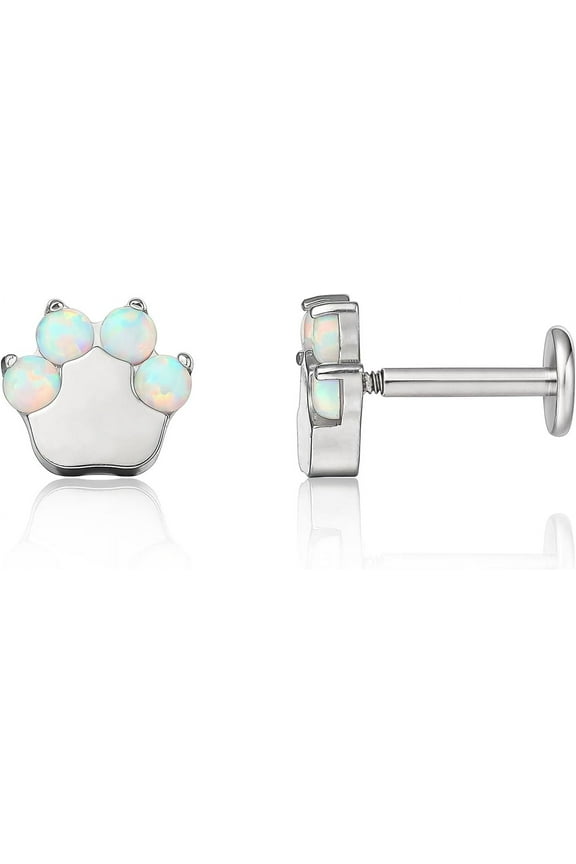 Limerencia 18g Titanium Internally Threaded Tragus Piercing Jewelry CZ Top Flat Back Piercing Nose Studs Earring, Helix, Cartilage, Labret, Monroe for Women or Men (Cat Paws Opal)