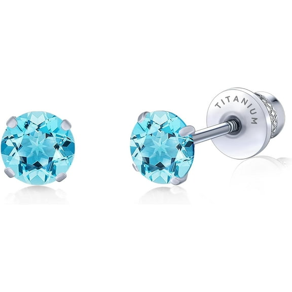 Limerencia Hypoallergenic G23 Pure Titanium Screw Back Earrings Post for Sensitive Ears Simulated Diamond Cartilage (5mm, Aquamarine)