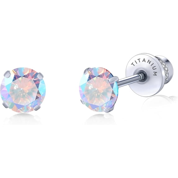Limerencia Hypoallergenic G23 Pure Titanium Screw Back Earrings Post for Sensitive Ears Simulated Diamond Cartilage (5mm, Aurora Borealis)