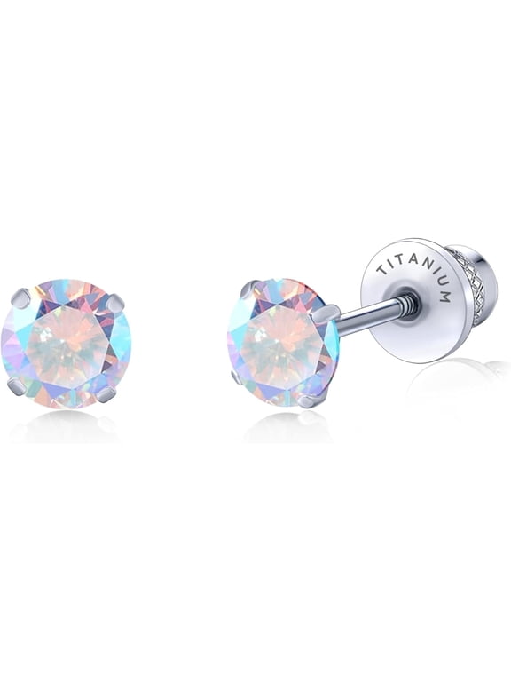 Limerencia Hypoallergenic G23 Pure Titanium Screw Back Earrings Post for Sensitive Ears Simulated Diamond Cartilage (5mm, Aurora Borealis)