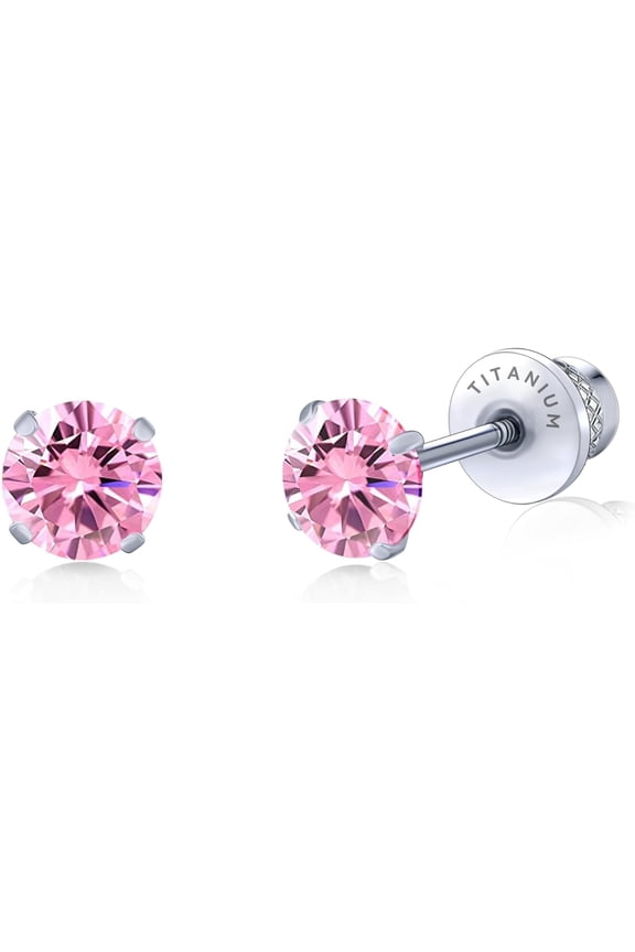 Limerencia Hypoallergenic G23 Pure Titanium Screw Back Earrings Post for Sensitive Ears Simulated Diamond Cartilage (5mm, Pink)
