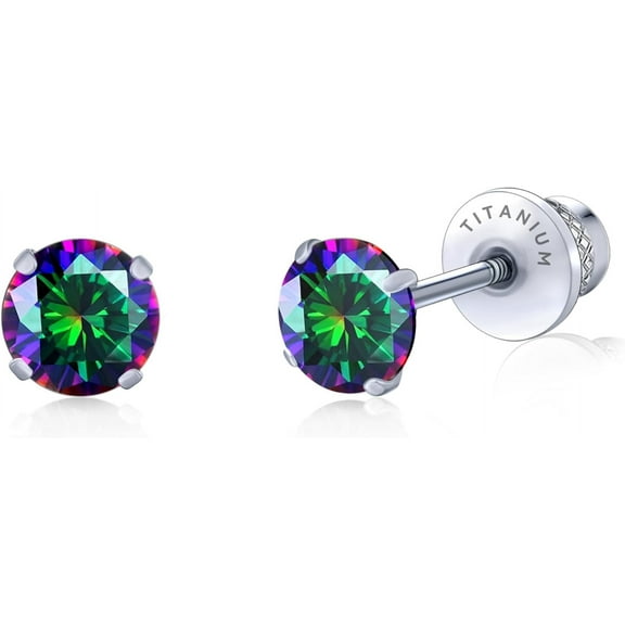 Limerencia Hypoallergenic G23 Pure Titanium Screw Back Earrings Post for Sensitive Ears Simulated Diamond Cartilage (5mm, Rainbow Quartz)