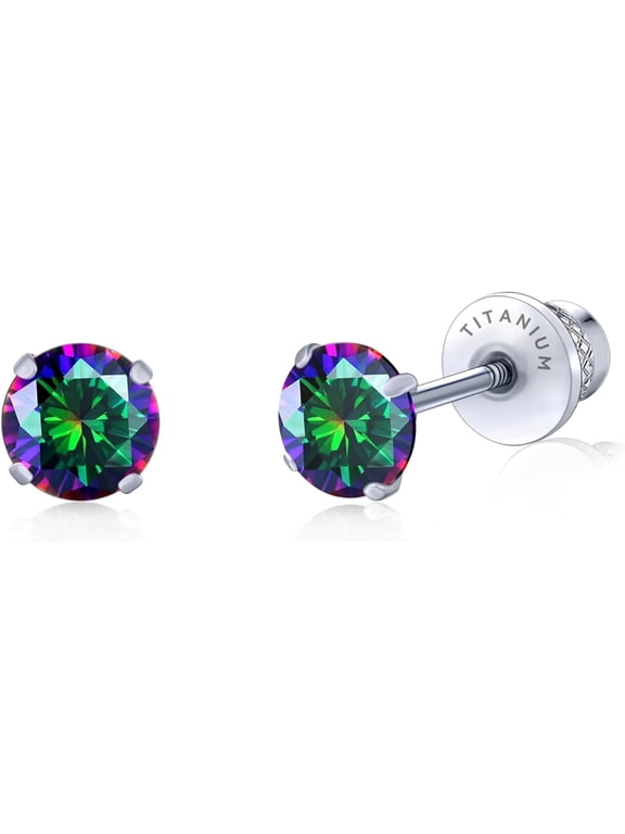 Limerencia Hypoallergenic G23 Pure Titanium Screw Back Earrings Post for Sensitive Ears Simulated Diamond Cartilage (5mm, Rainbow Quartz)
