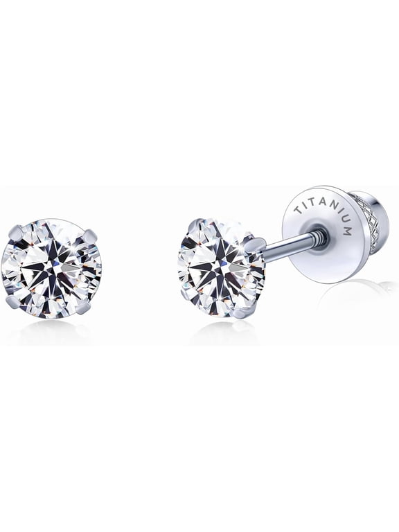 Limerencia Hypoallergenic G23 Pure Titanium Screw Back Earrings Post for Sensitive Ears Simulated Diamond Cartilage (5mm, White CZ)