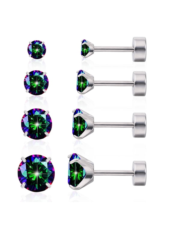 Limerencia Hypoallergenic Titanium Jewelry Flat Back Cartilage Earrings, Cubic Zirconia Studs, Pack of 4 Pairs