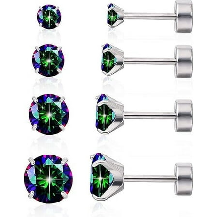 Limerencia Hypoallergenic Titanium Jewelry Flat Back Cartilage Earrings, Cubic Zirconia Studs, Pack of 4 Pairs