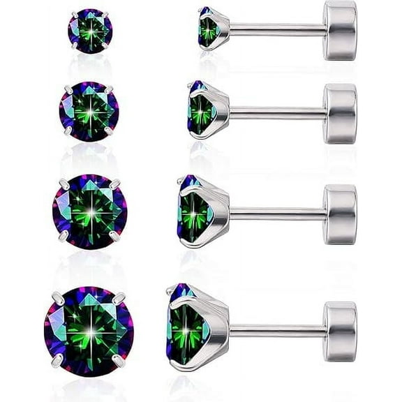 Limerencia Hypoallergenic Titanium Jewelry Flat Back Cartilage Earrings, Cubic Zirconia Studs, Pack of 4 Pairs