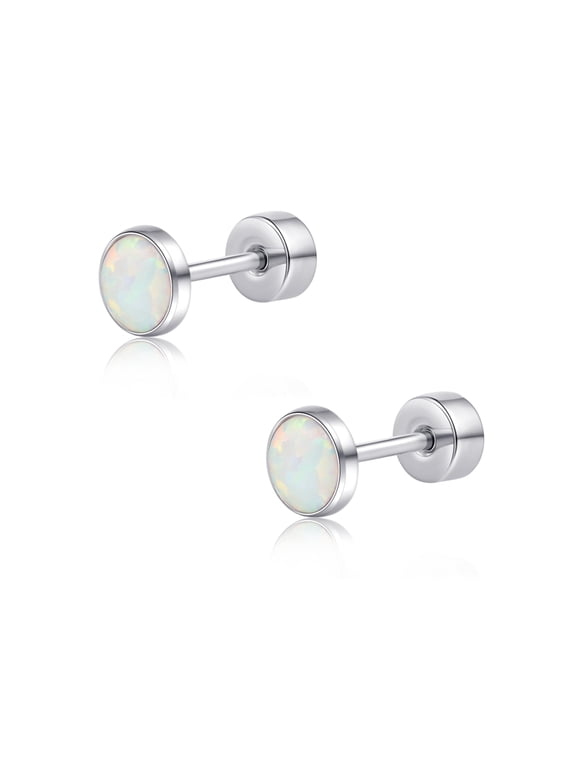 Limerencia Thread Flat Back Stud Earrings, Titanium Hypoallergenic Earrings for Women Men, Opal Stud Earrings Surgical Stainless Steel Stud Earring for Cartilage,White 3mm