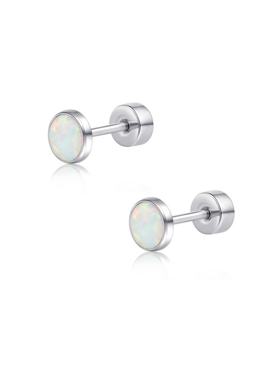 Limerencia Titanium Flat Back Stud Earrings for Women Men, F136 Cartilage Studs | Hypoallergenic Earrings, Helix Cartilage Earrings with White Opal,5mm