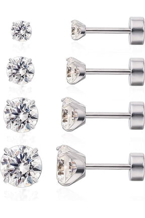Flat Back Cartilage Earrings, Hypoallergenic Cubic Zirconia Studs, Pack of 4 Pairs, 3-6mm for Women and Men