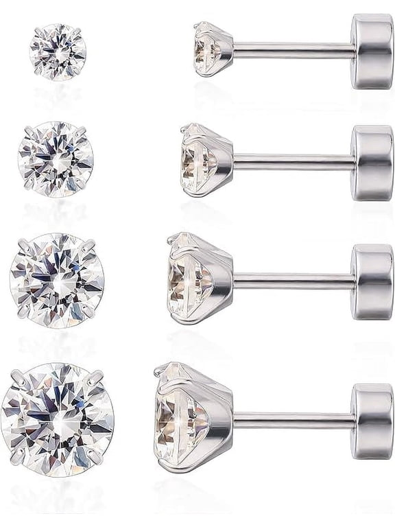 Flat Back Cartilage Earrings, Hypoallergenic Cubic Zirconia Studs, Pack of 4 Pairs, 3-6mm for Women and Men