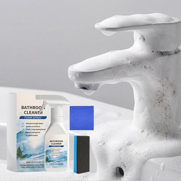 Limescale Remover Bathroom Cleaning Foam Spray – Powerful Bathroom & Shower Cleaner, Dissolves Stubborn Stains, Fresh Scent, Includes Cloth and Sponge