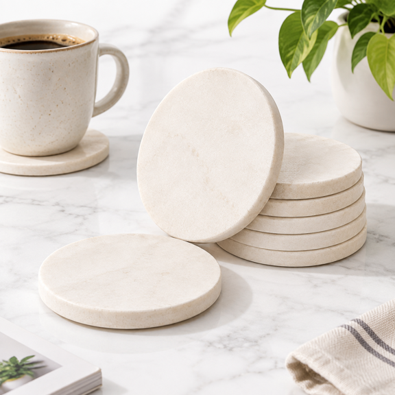 Limestone Water Absorbing Marble Coaster Set - Pack Of 6 Absorbs Condensation And Spills Effectively Neutral Color Toneplements Ho
