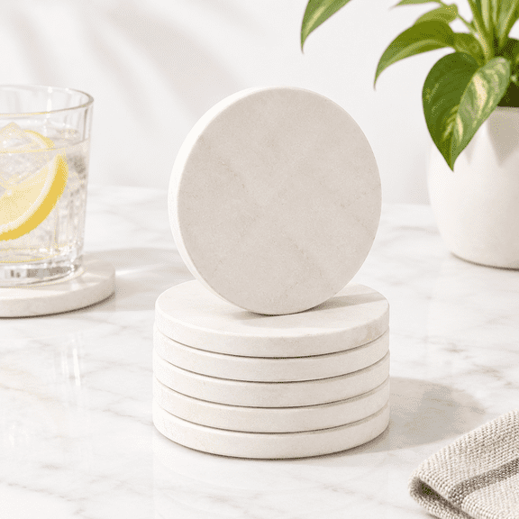 Limestone Water Absorbing Marble Look Coaster Set of 6, Neutral Beige